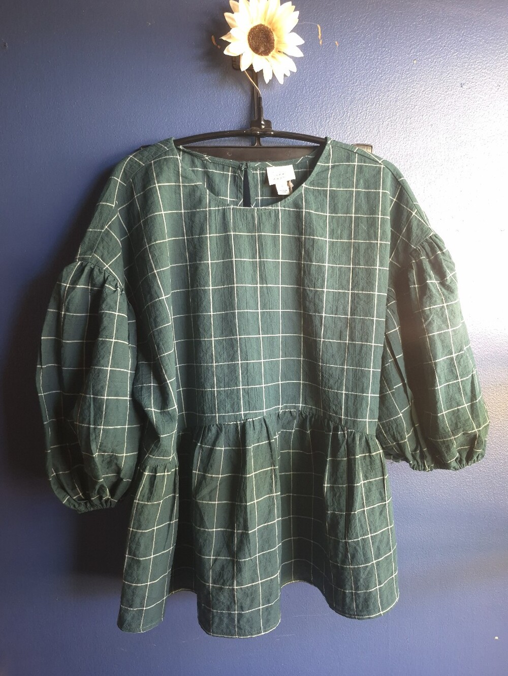 Dark Green Windowpane Peplum Top